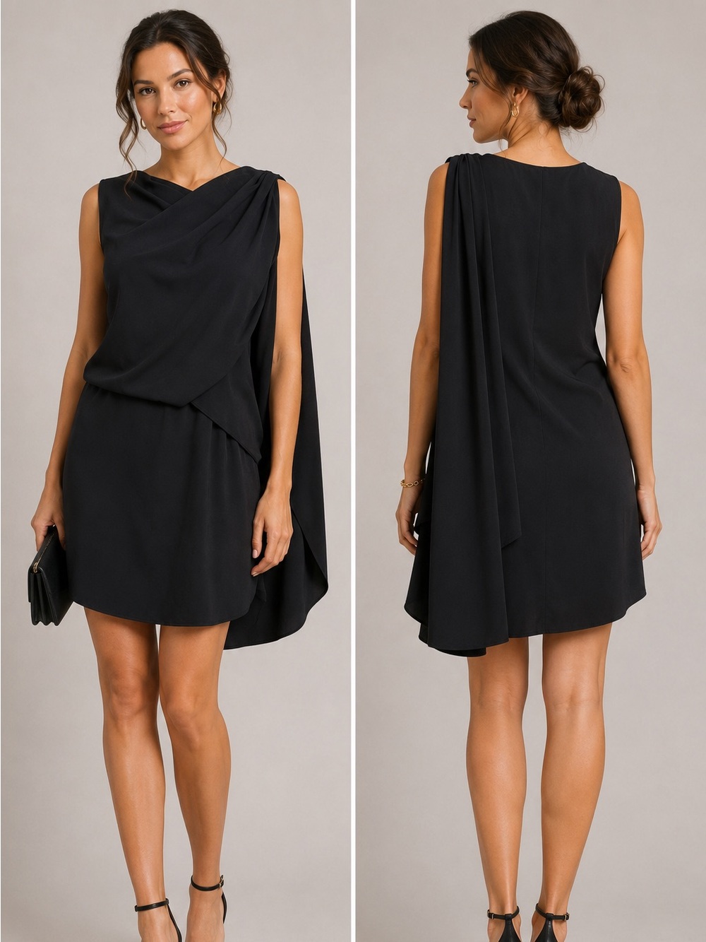 Halston Black One-Shoulder Cape Cocktail Dress – Size 6
